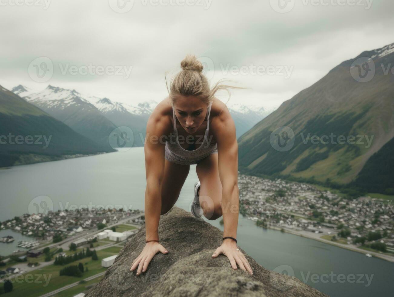 determinado mujer sube un escarpado montaña sendero ai generativo foto