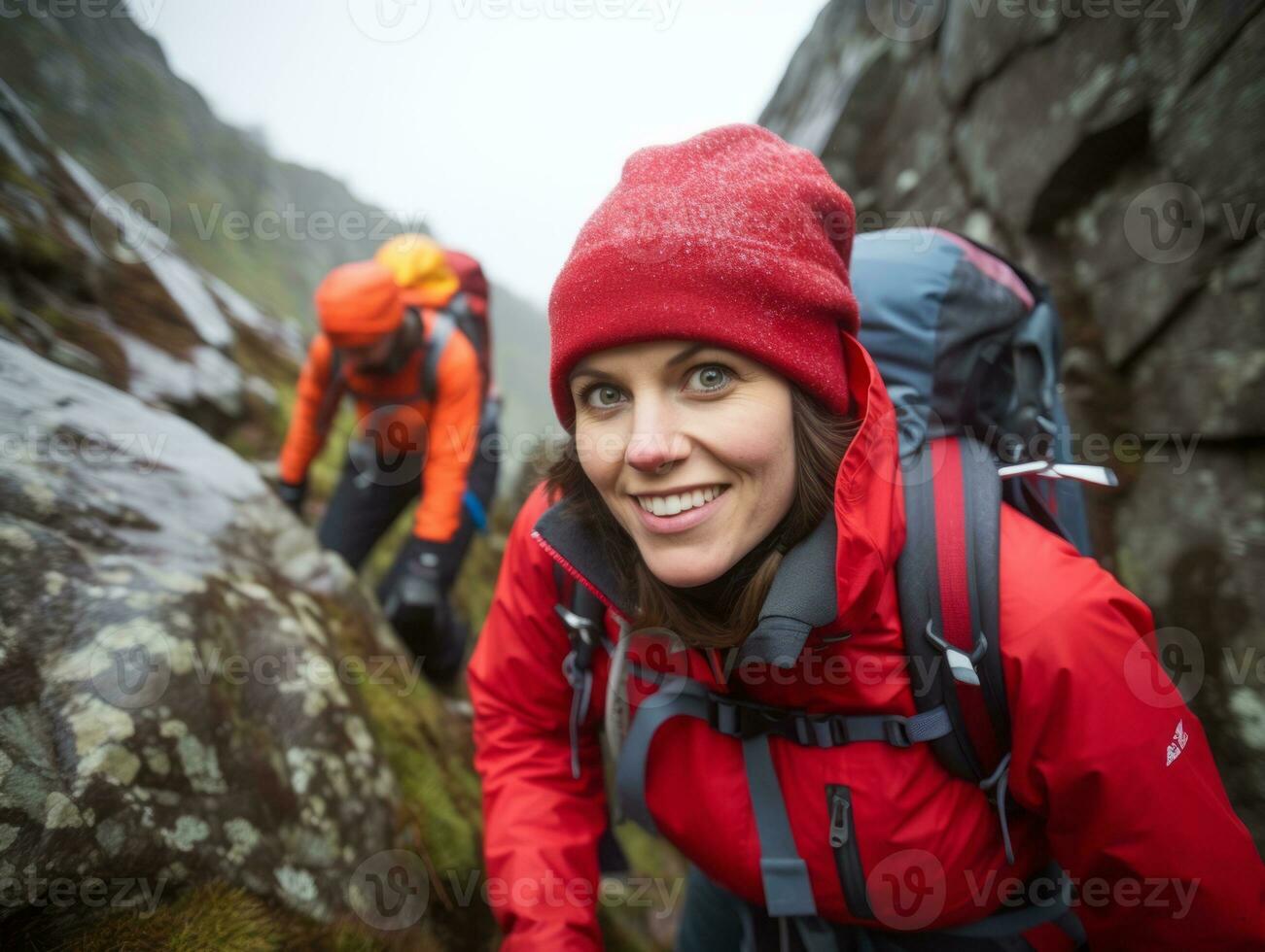 Determined woman climbs a steep mountain trail AI Generative photo