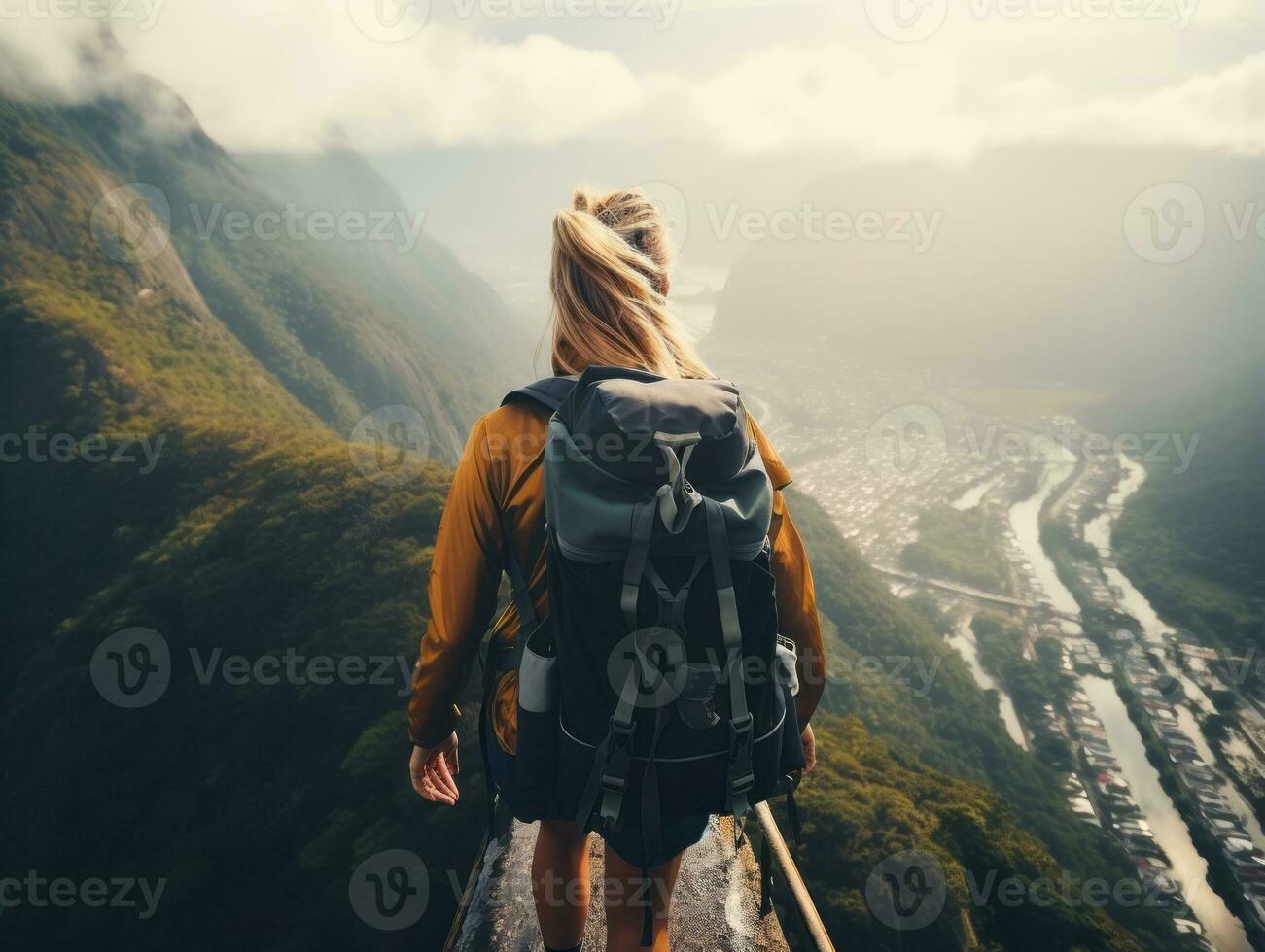 determinado mujer sube un escarpado montaña sendero ai generativo foto