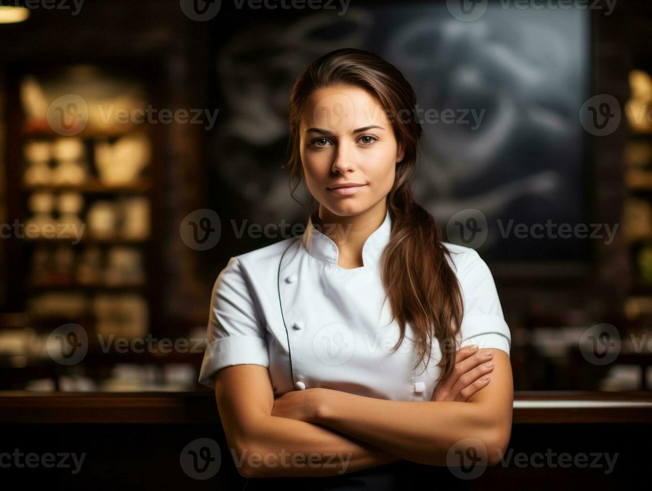 Female chef creates culinary masterpieces in a bustling kitchen AI Generative photo