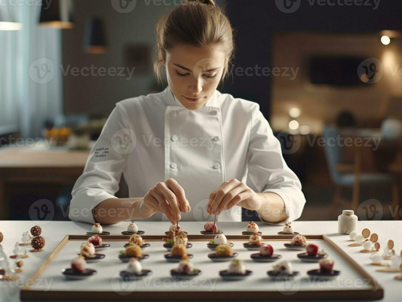 Female chef creates culinary masterpieces in a bustling kitchen AI Generative photo