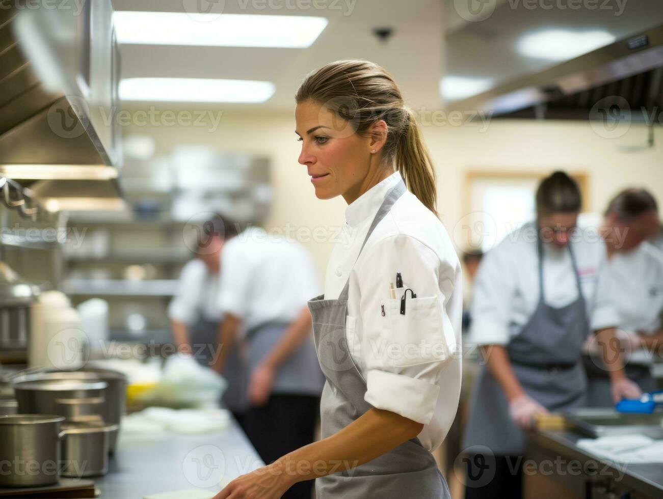 hembra cocinero crea culinario obras maestras en un bullicioso cocina ai generativo foto