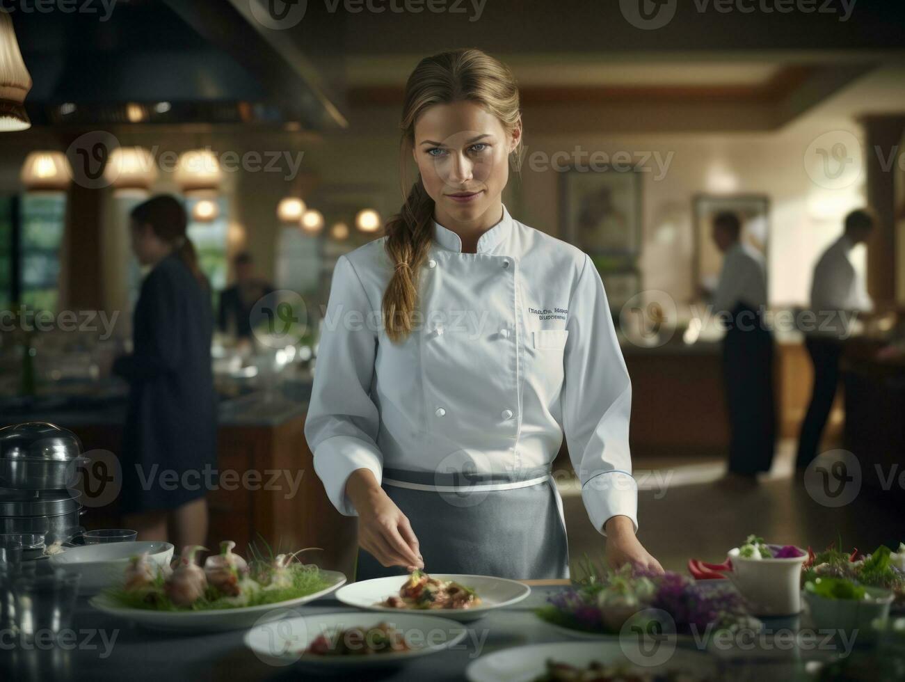 Female chef creates culinary masterpieces in a bustling kitchen AI Generative photo