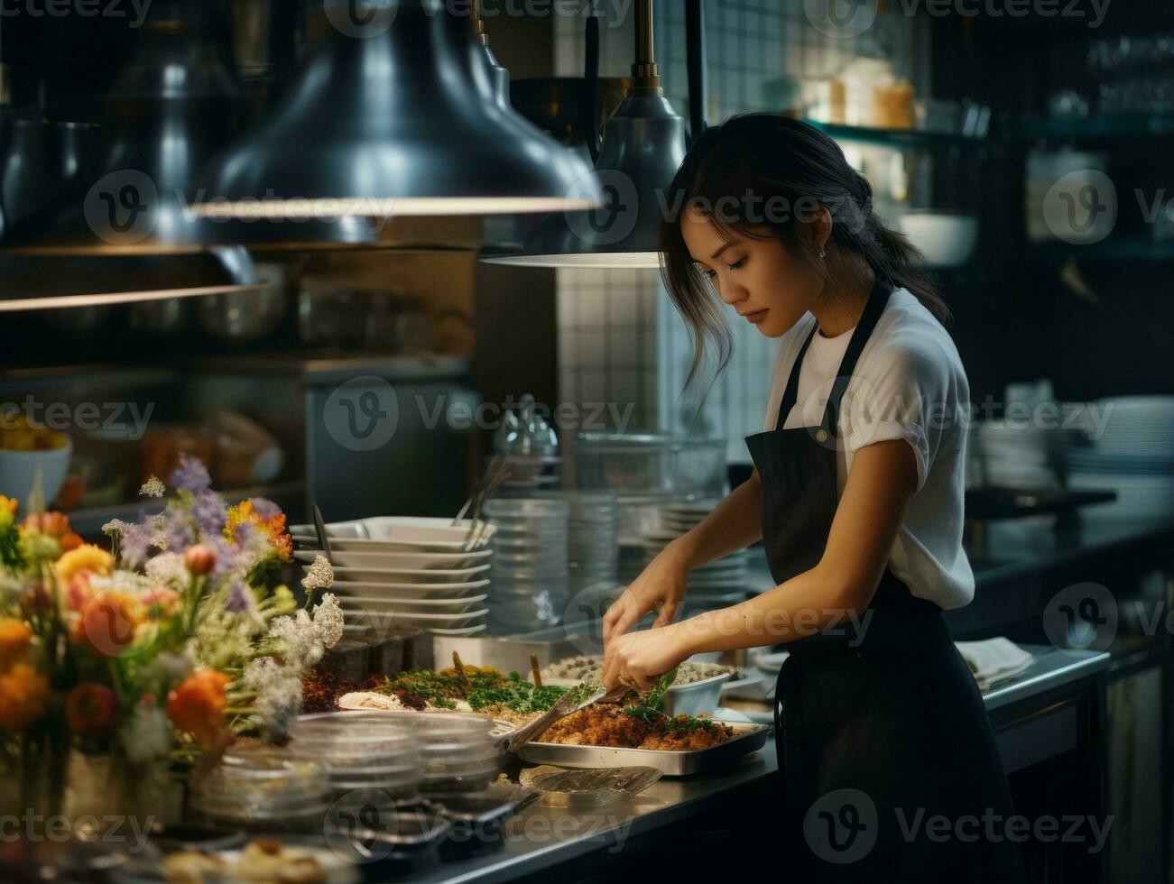 Female chef creates culinary masterpieces in a bustling kitchen AI Generative photo