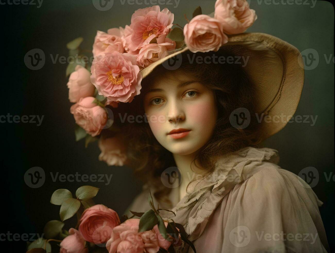 An colored old photograph of a woman from the early 1900s AI Generative photo