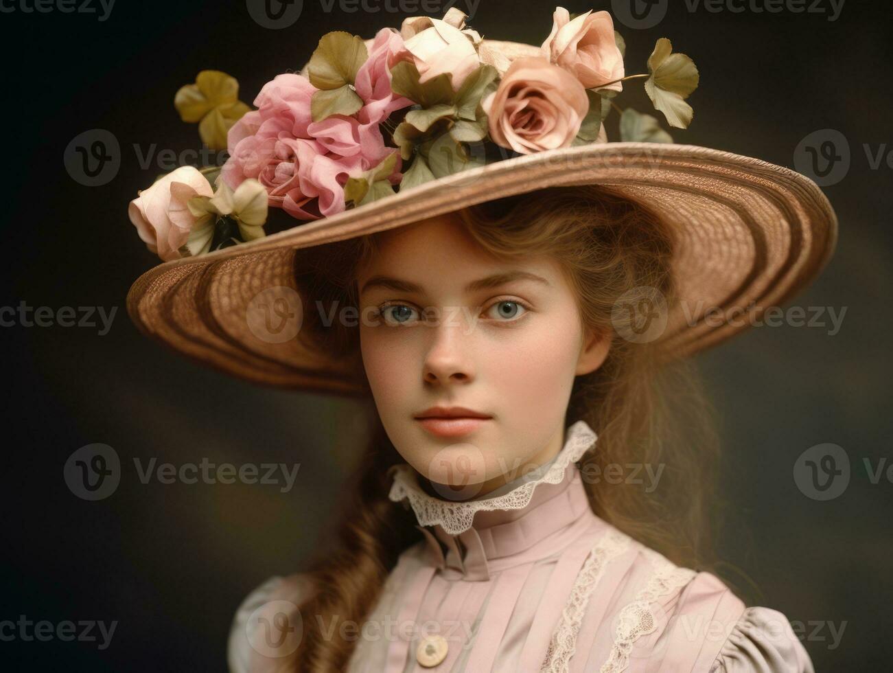 An colored old photograph of a woman from the early 1900s AI Generative photo