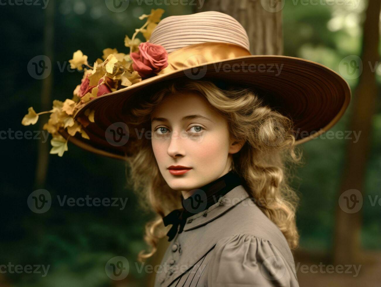 An colored old photograph of a woman from the early 1900s AI Generative photo