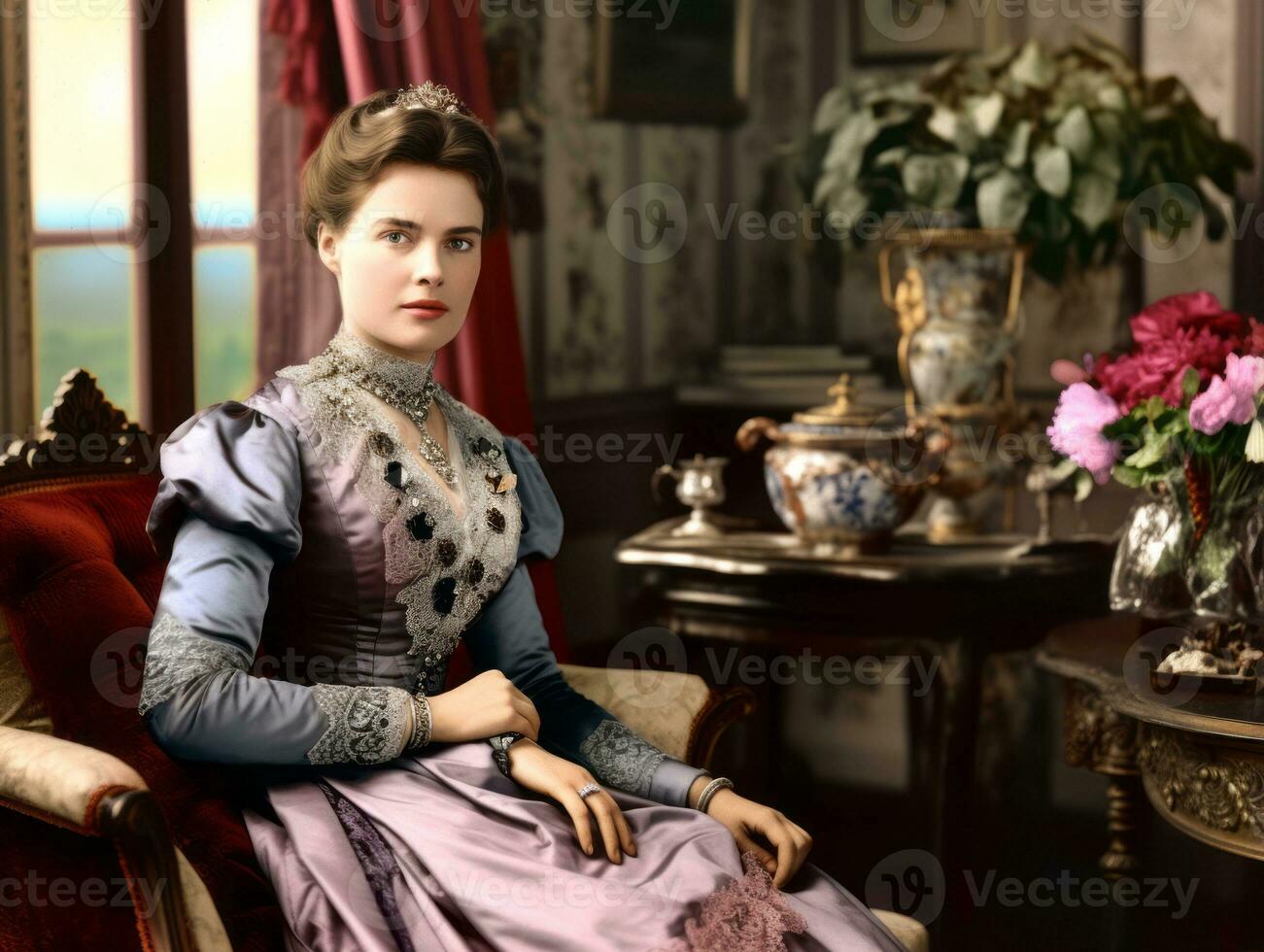 An colored old photograph of a woman from the early 1900s AI Generative photo