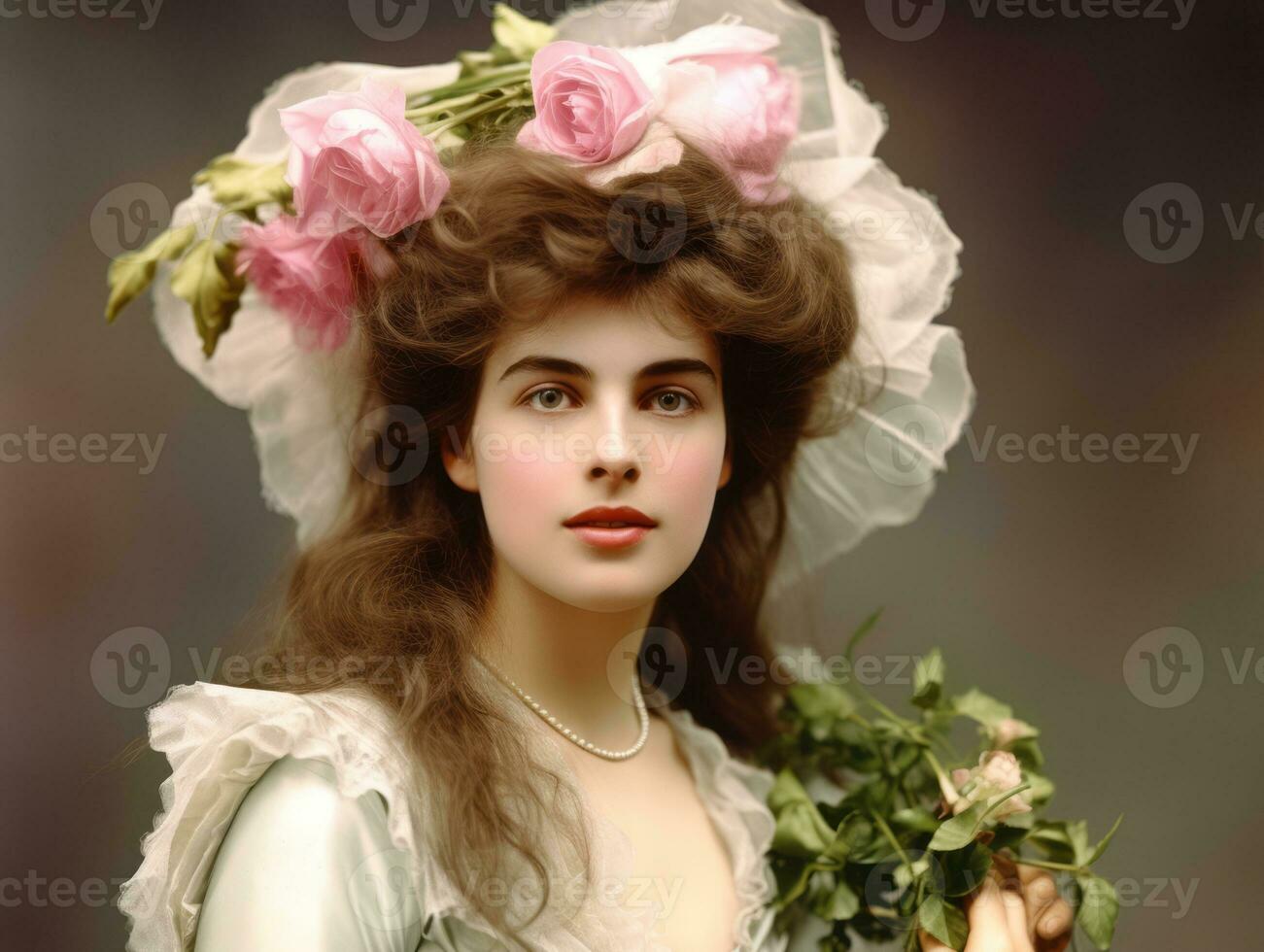 An colored old photograph of a woman from the early 1900s AI Generative photo