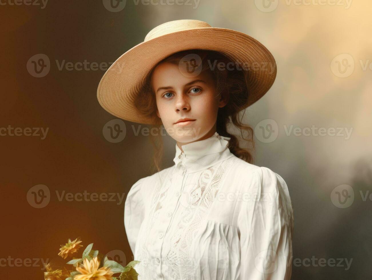 An colored old photograph of a woman from the early 1900s AI Generative photo