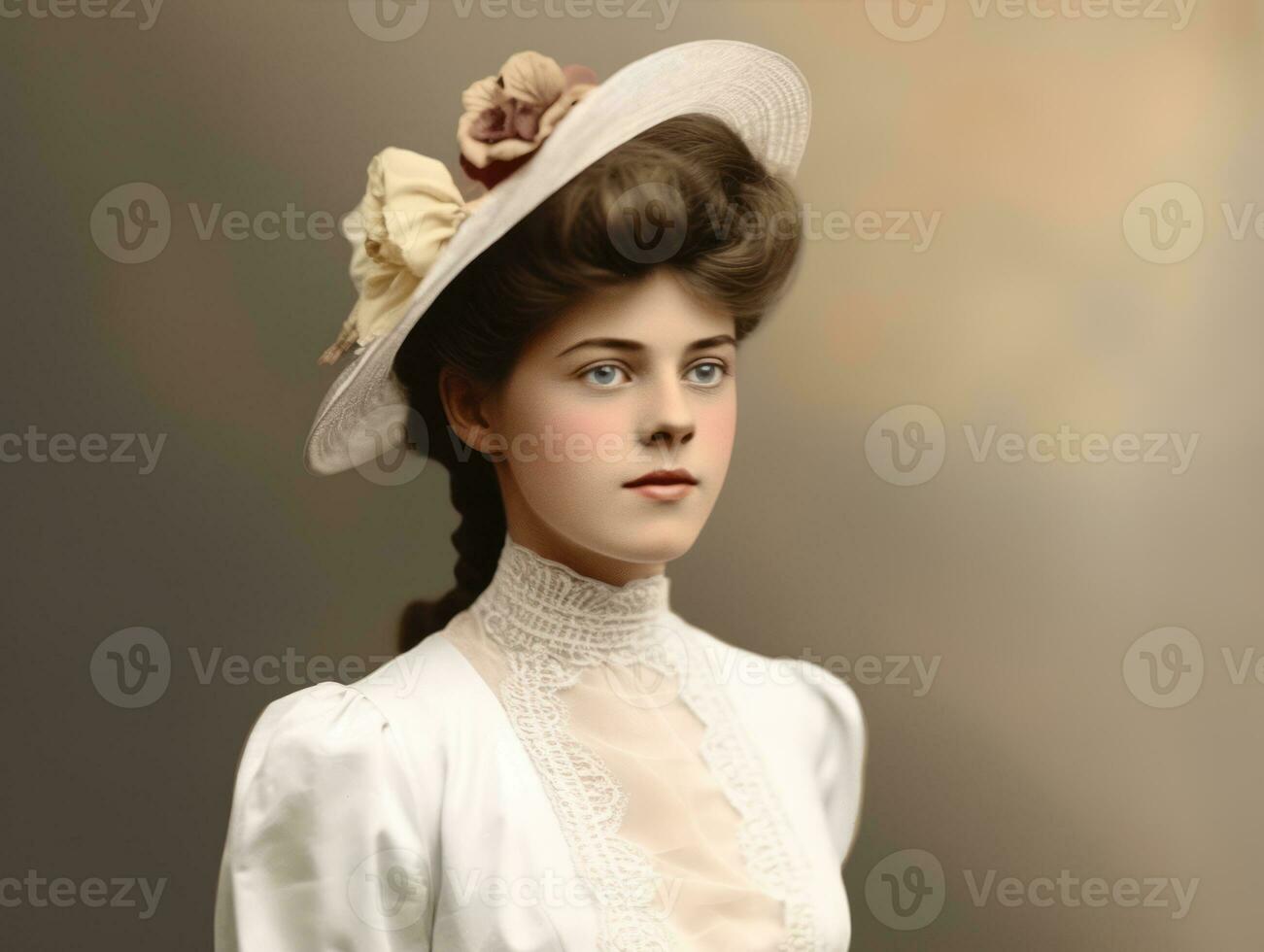 An colored old photograph of a woman from the early 1900s AI Generative photo