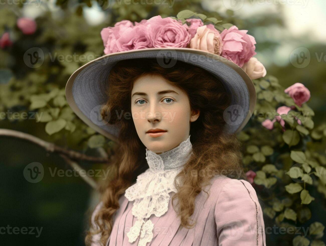 An colored old photograph of a woman from the early 1900s AI Generative photo