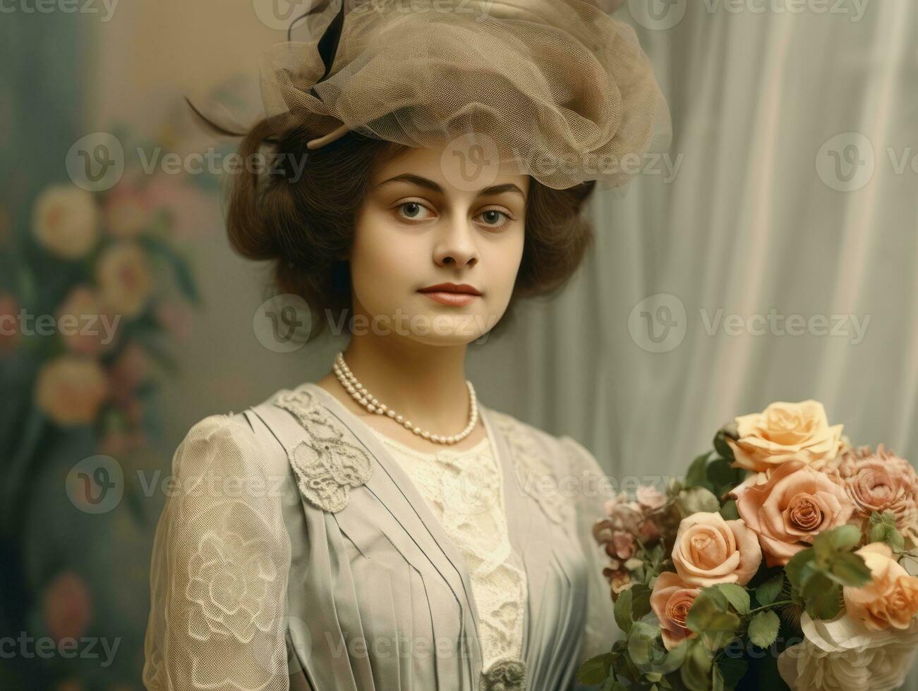 An colored old photograph of a woman from the early 1900s AI Generative photo