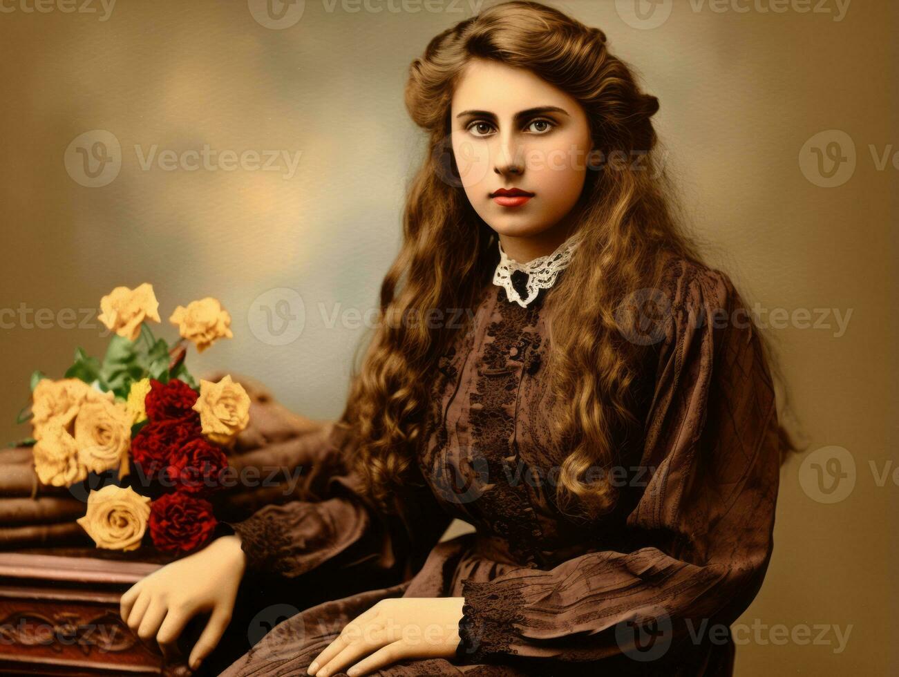 An colored old photograph of a woman from the early 1900s AI Generative photo