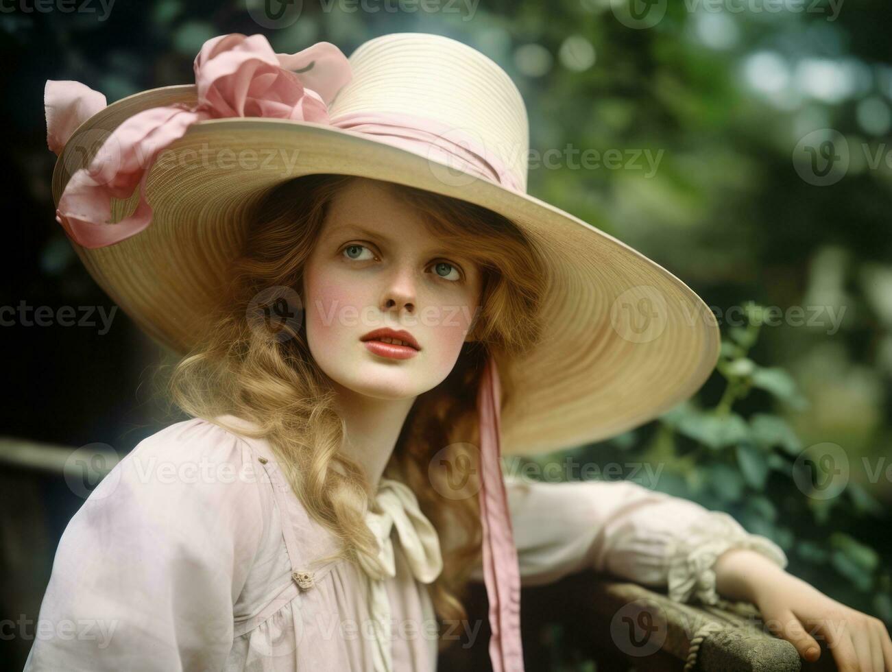 An colored old photograph of a woman from the early 1900s AI Generative photo