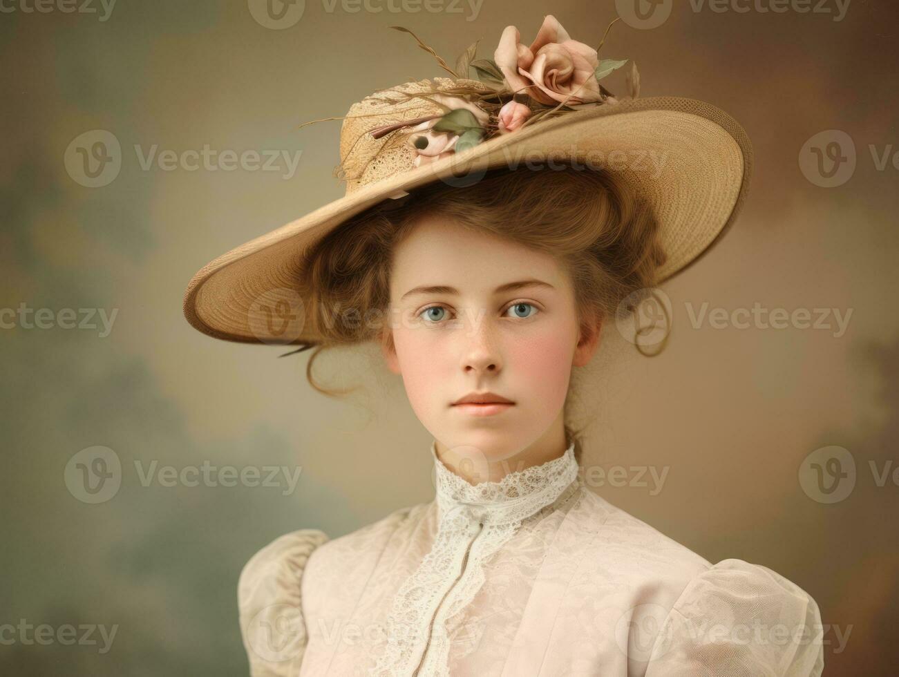 An colored old photograph of a woman from the early 1900s AI Generative photo