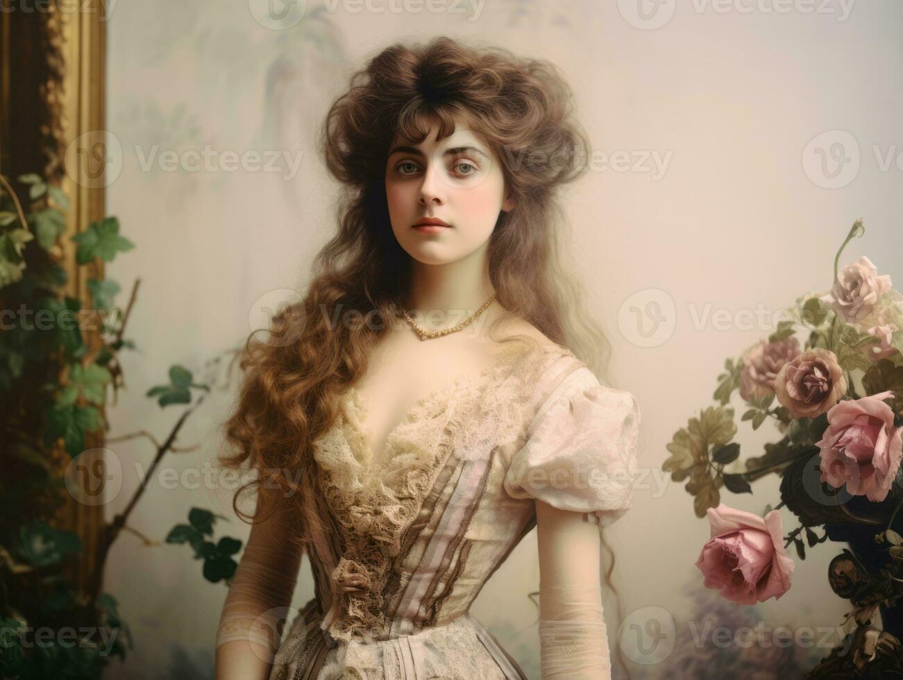 An colored old photograph of a woman from the early 1900s AI Generative photo