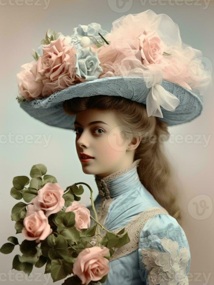 un de colores antiguo fotografía de un mujer desde el temprano 1900 ai generativo foto