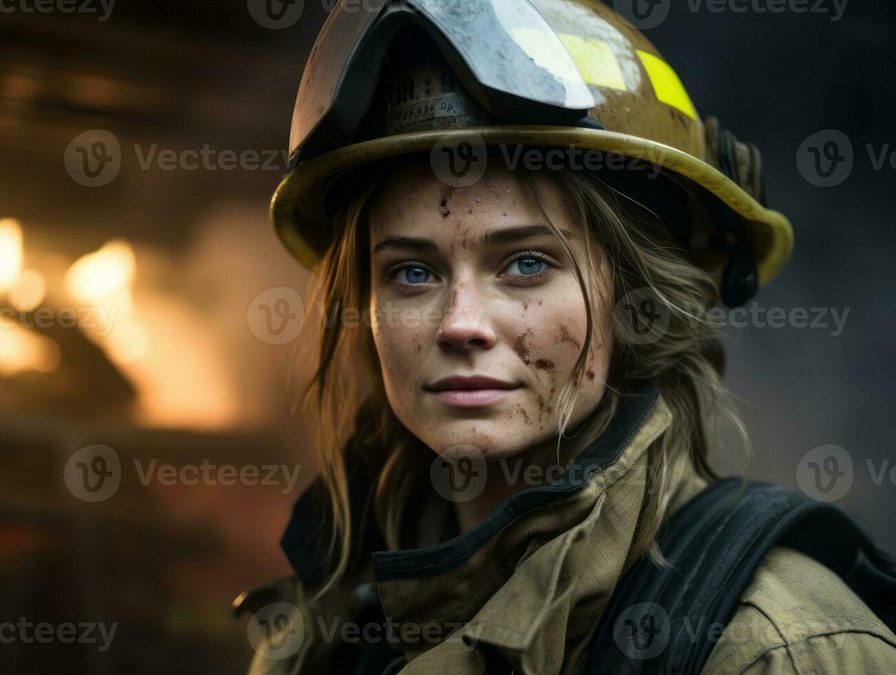 Female firefighter bravely battles the fire AI Generative photo