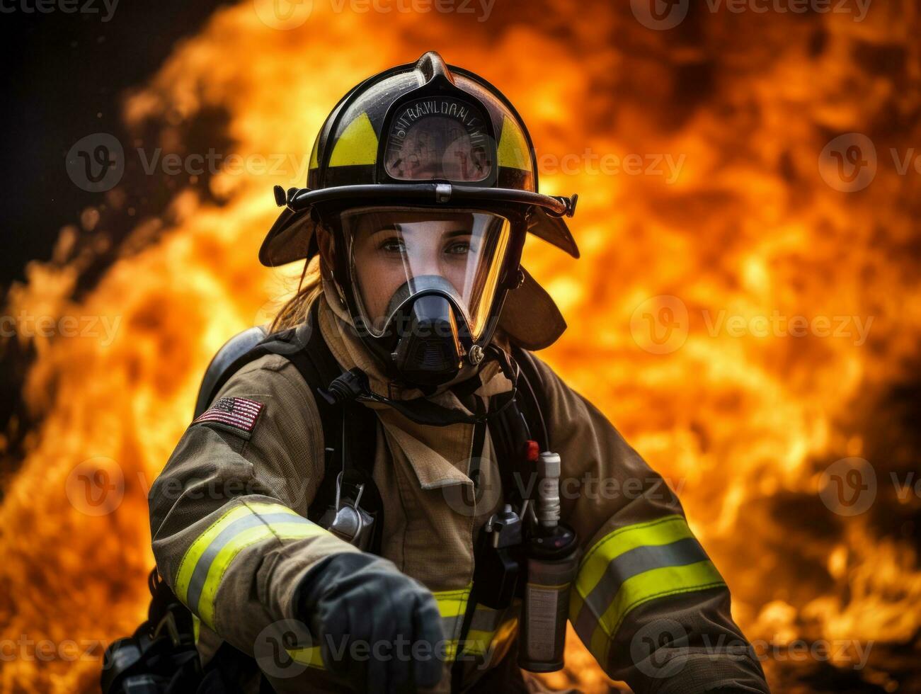 Female firefighter bravely battles the fire AI Generative photo