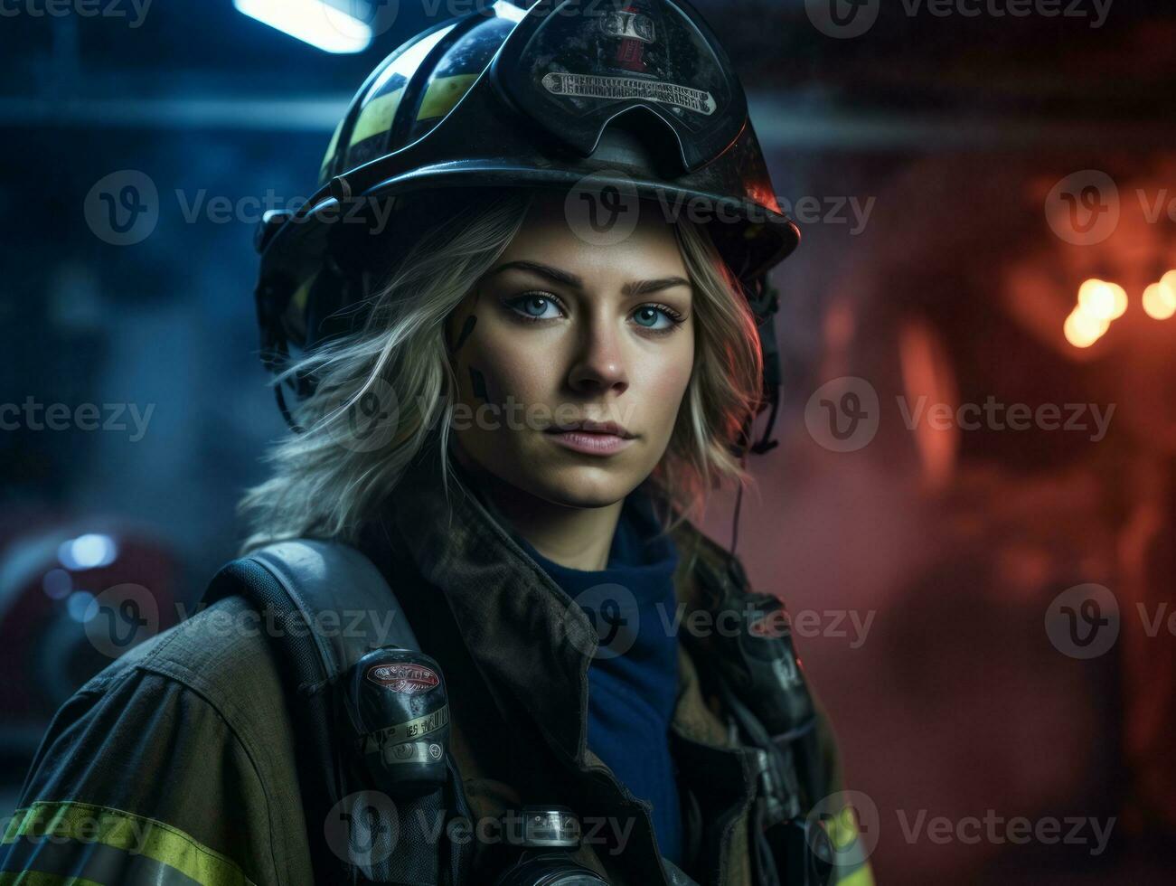 Female firefighter bravely battles the fire AI Generative photo