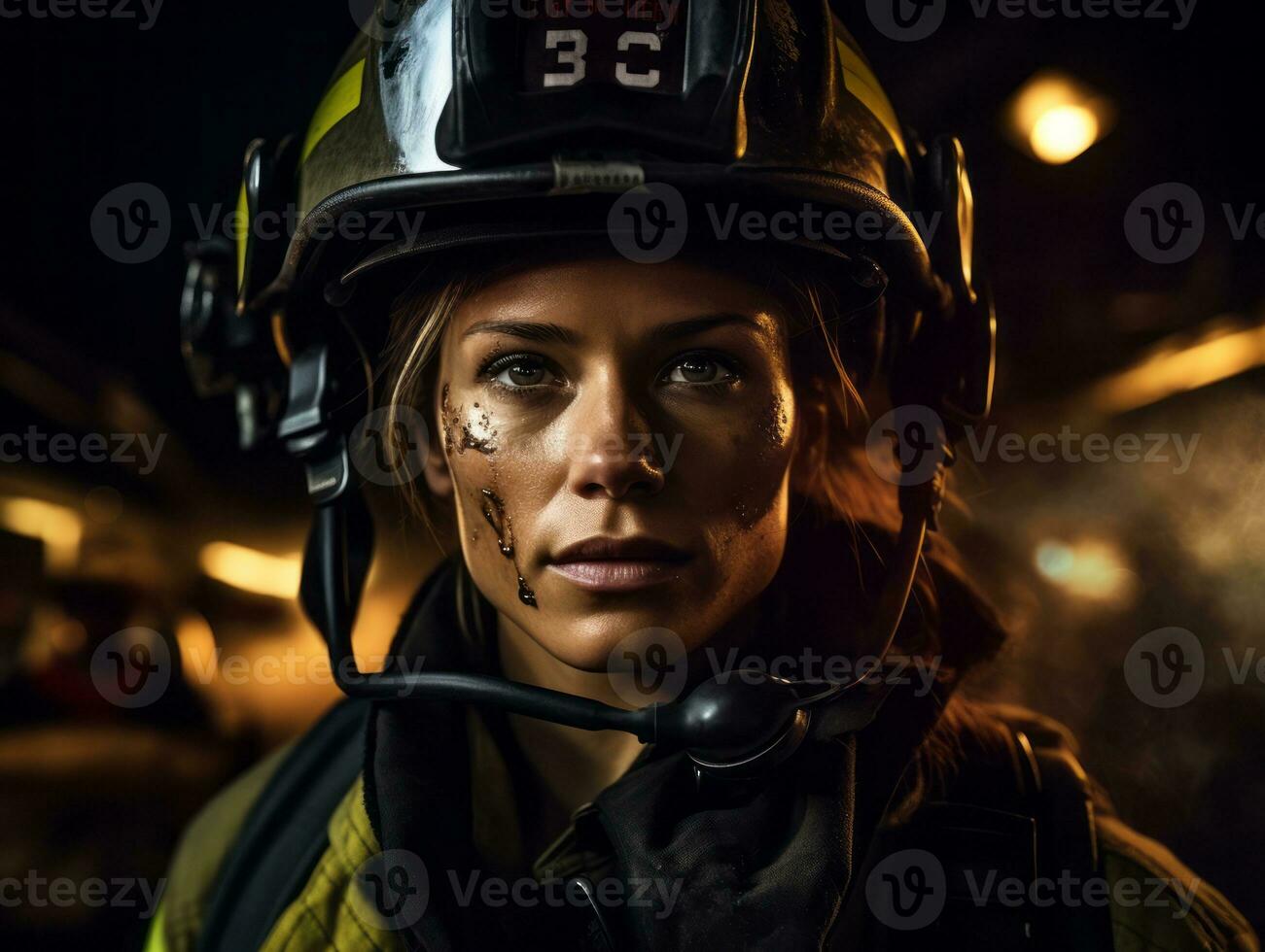 Female firefighter bravely battles the fire AI Generative photo