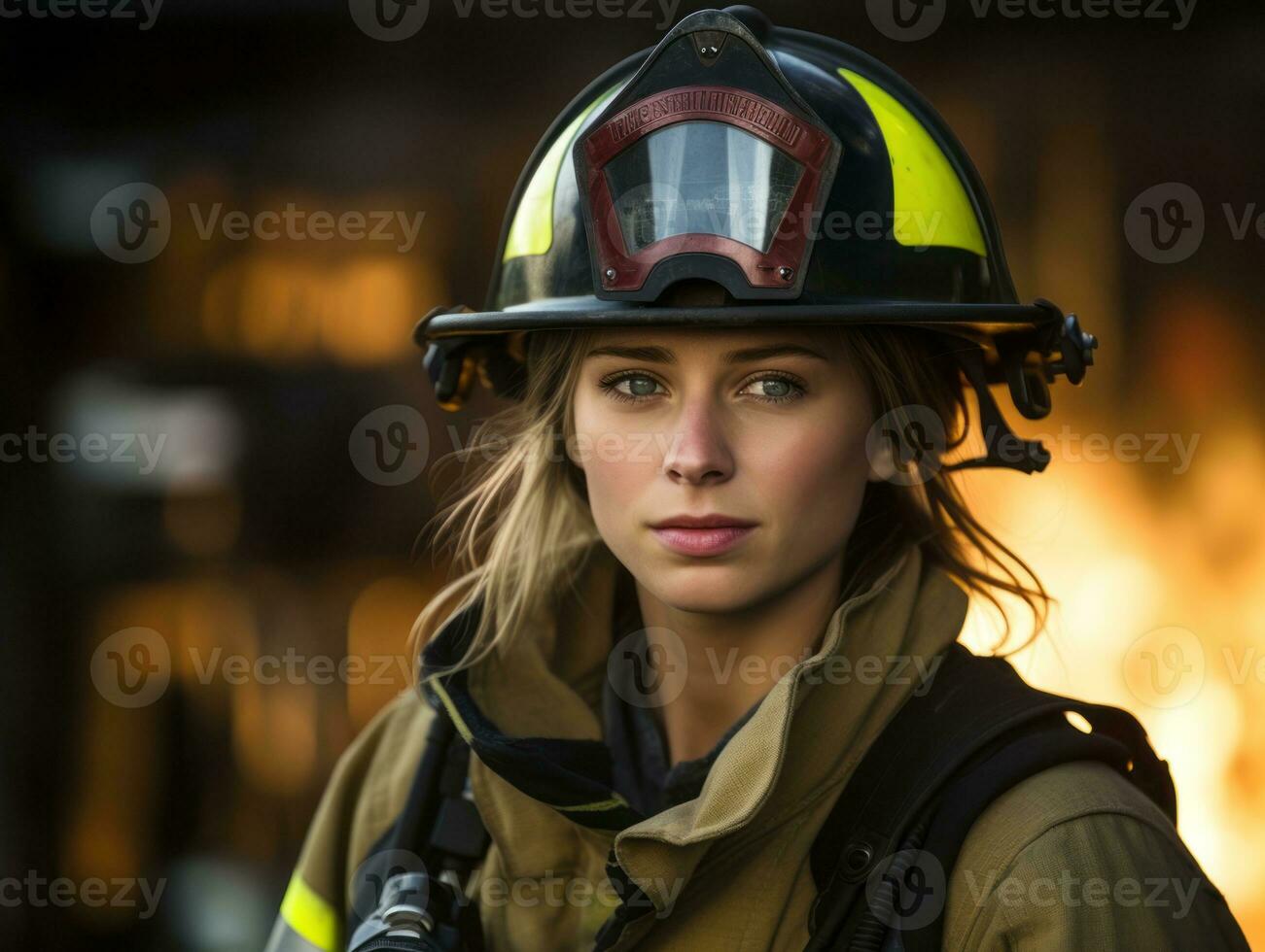 Female firefighter bravely battles the fire AI Generative photo