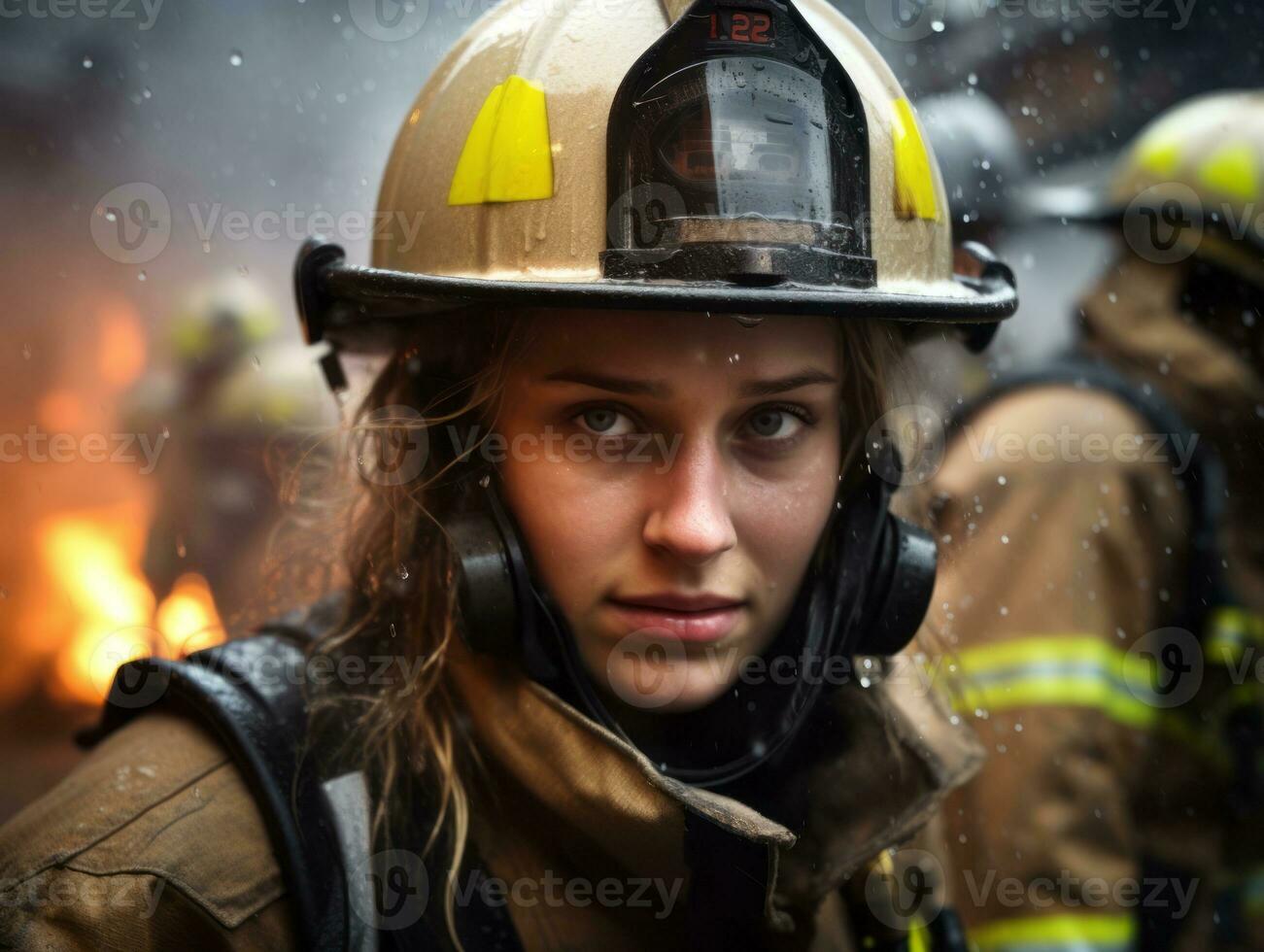 hembra bombero valientemente batallas el fuego ai generativo foto