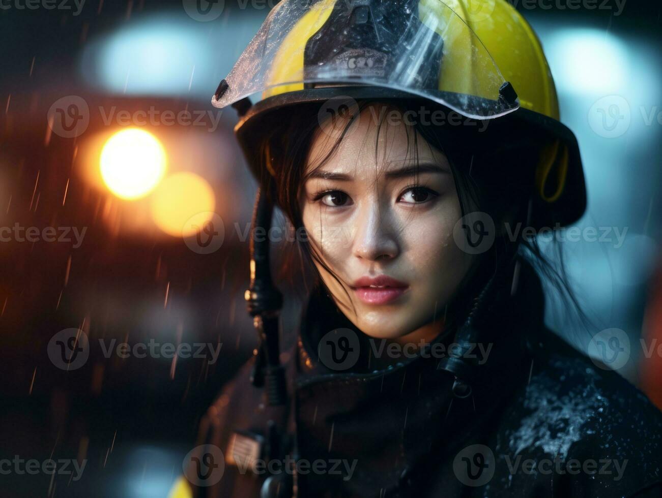 Female firefighter bravely battles the fire AI Generative photo