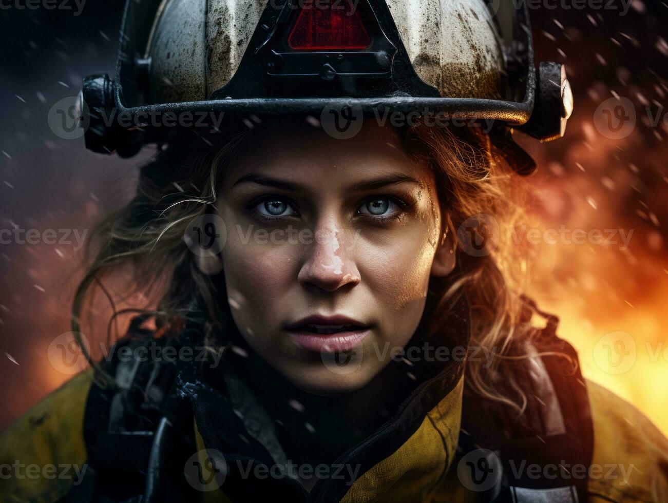 Female firefighter bravely battles the fire AI Generative photo