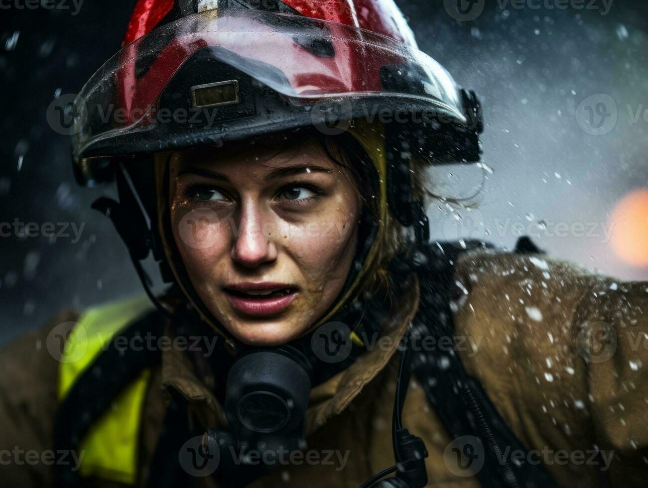 Female firefighter bravely battles the fire AI Generative photo