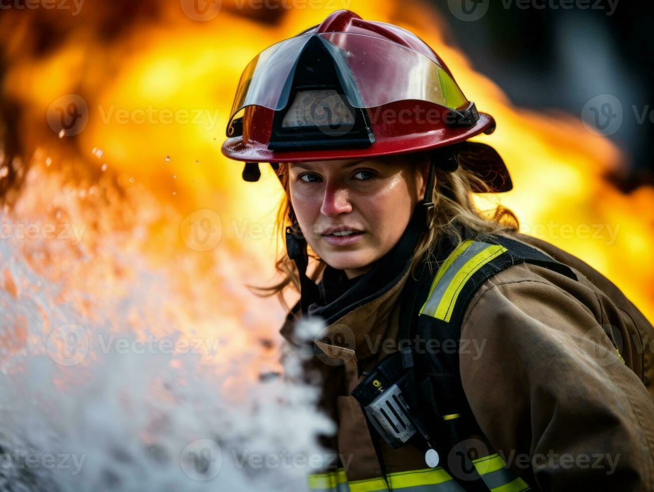 Female firefighter bravely battles the fire AI Generative photo