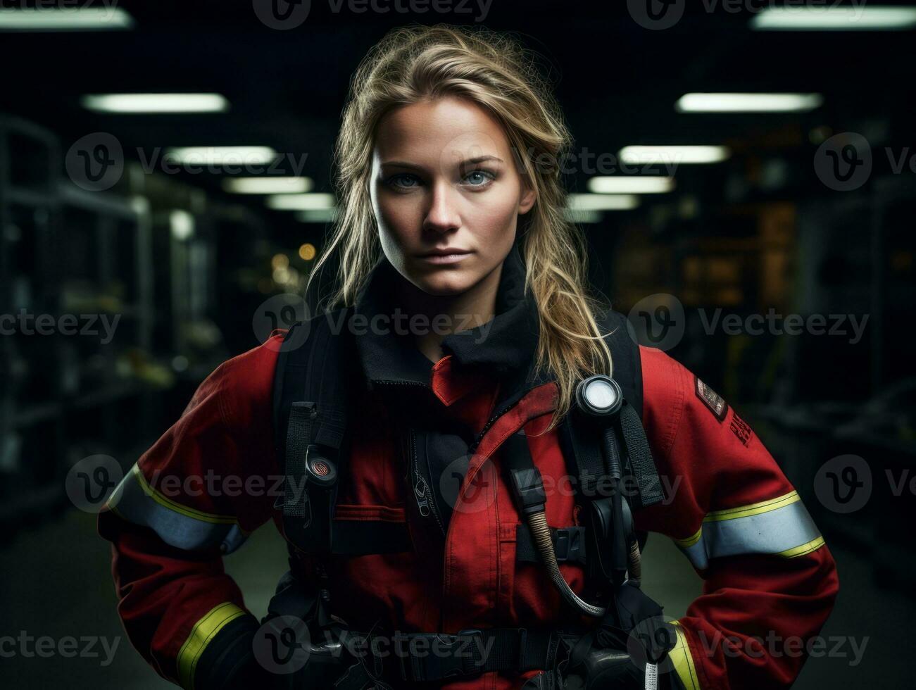 Female firefighter bravely battles the fire AI Generative photo