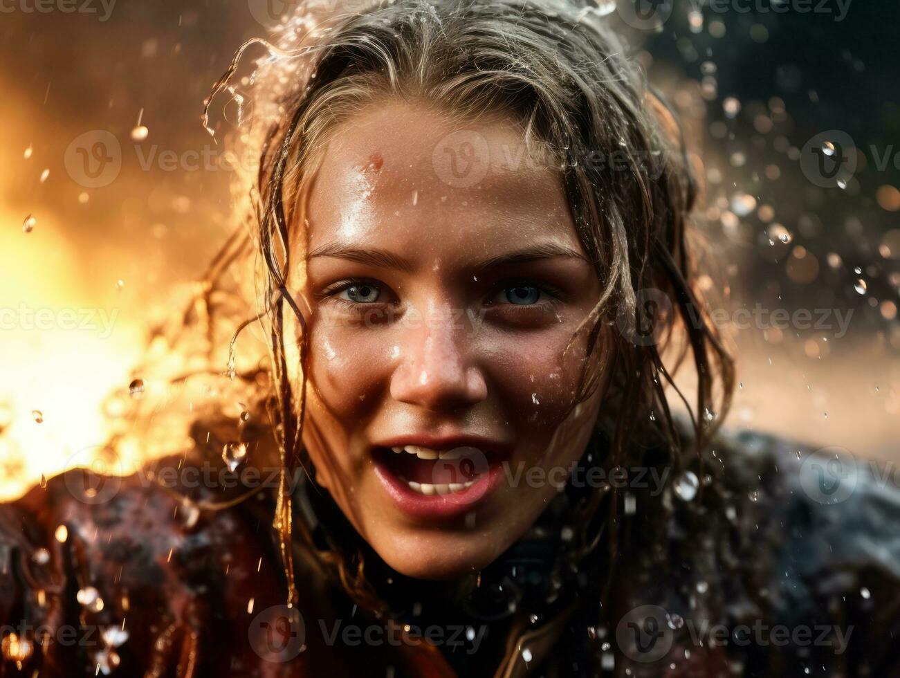 Female firefighter bravely battles the fire AI Generative photo
