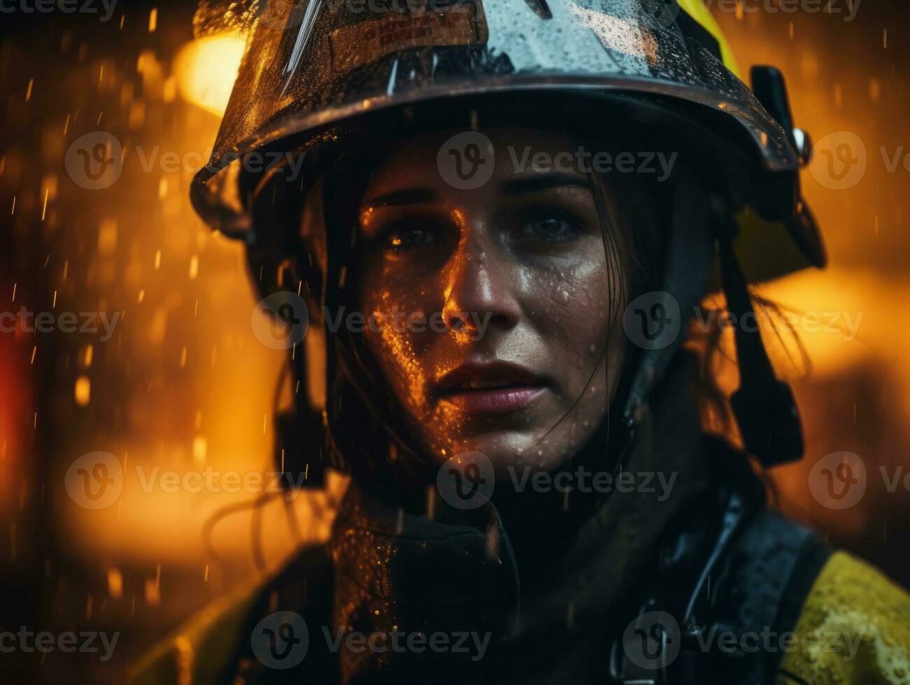 Female firefighter bravely battles the fire AI Generative photo