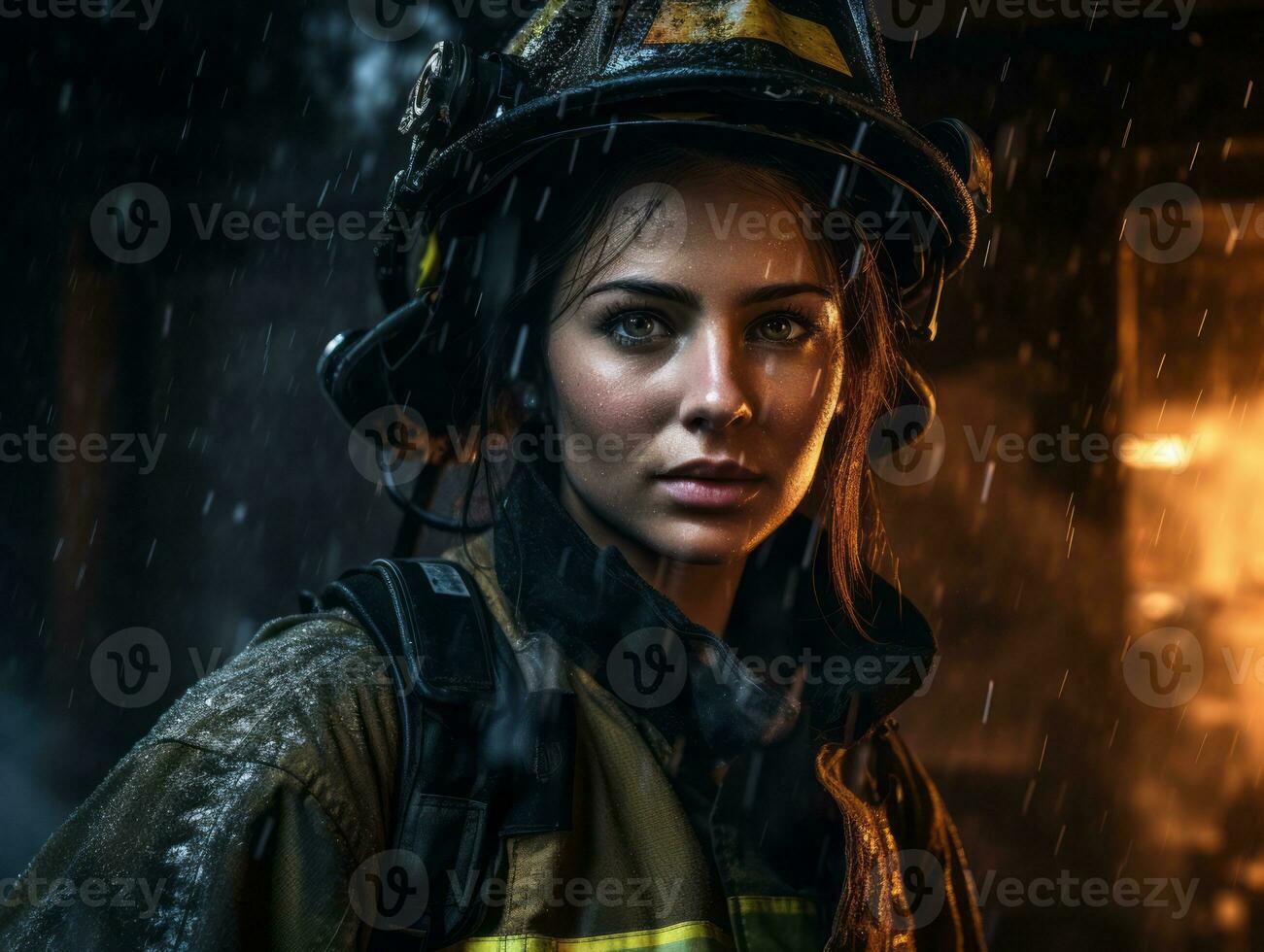 Female firefighter bravely battles the fire AI Generative photo