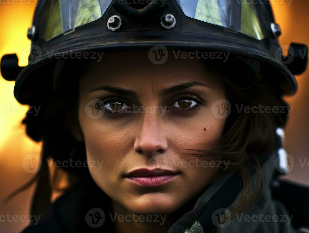 Female firefighter bravely battles the fire AI Generative photo