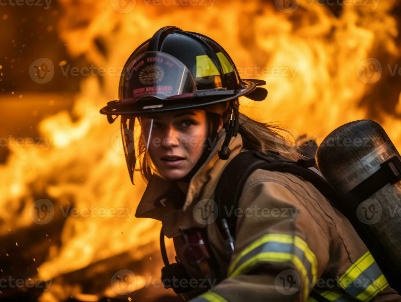 Female firefighter bravely battles the fire AI Generative photo