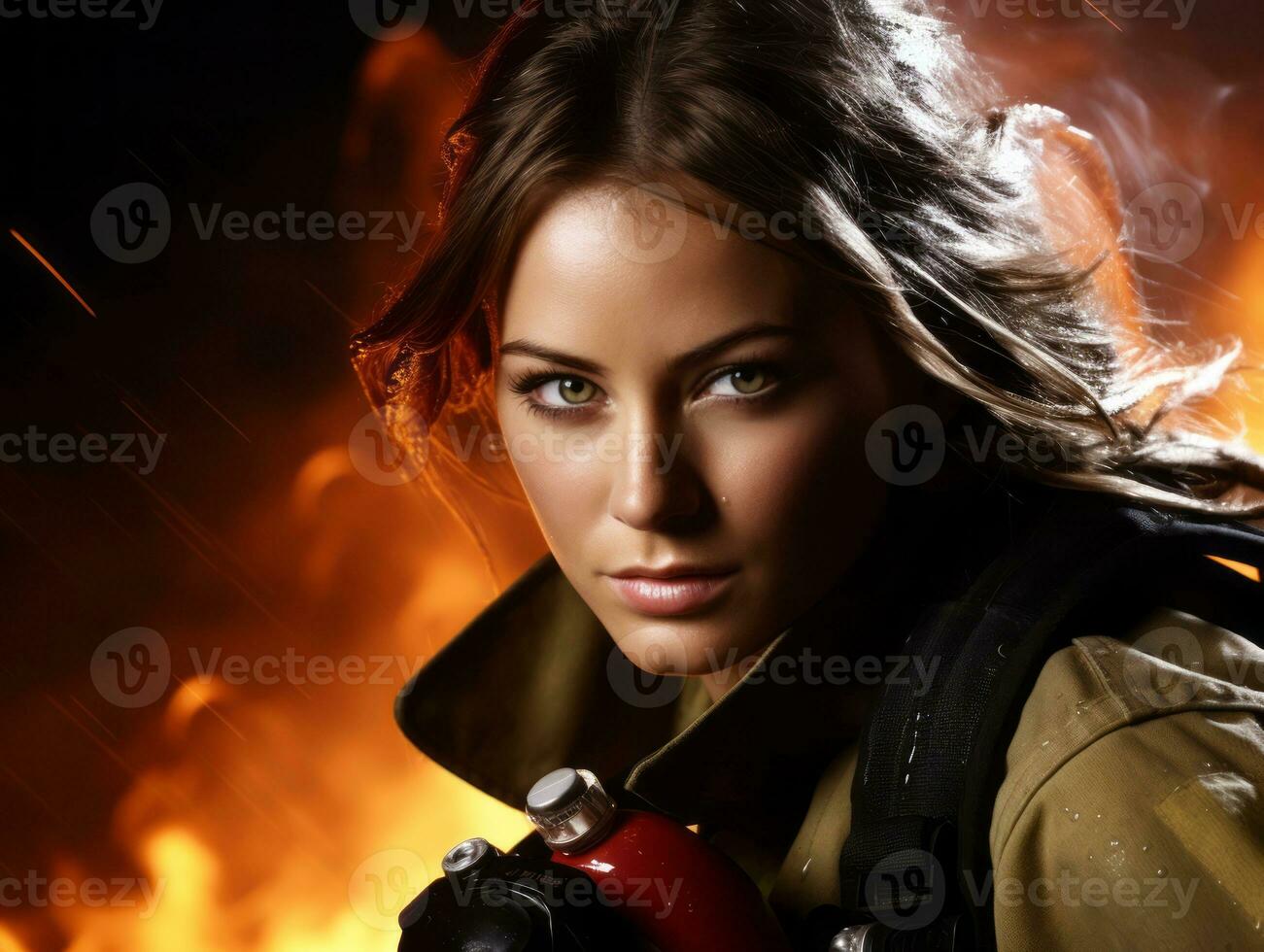 Female firefighter bravely battles the fire AI Generative photo