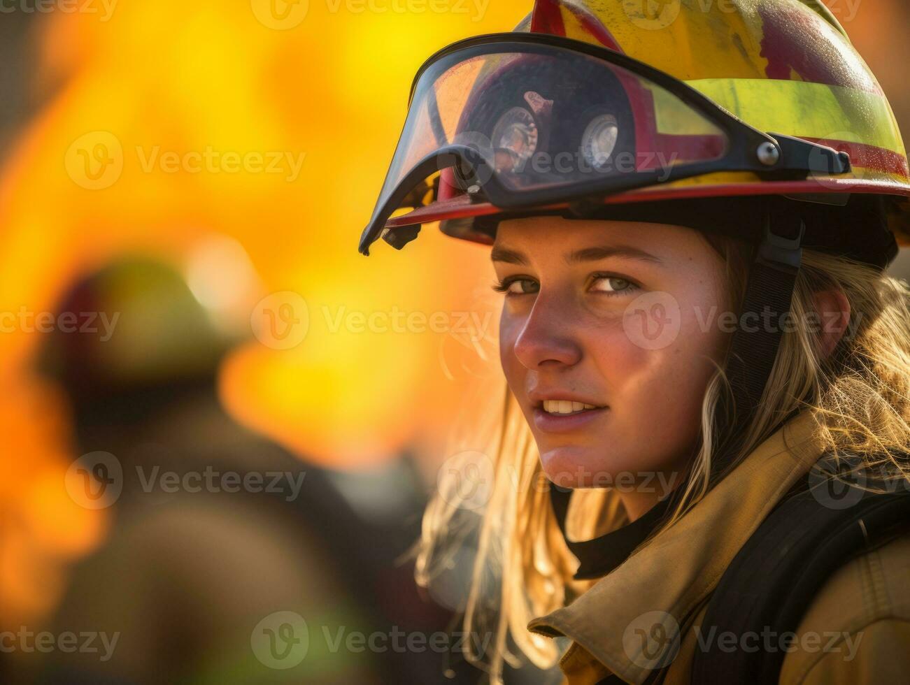 Female firefighter bravely battles the fire AI Generative photo