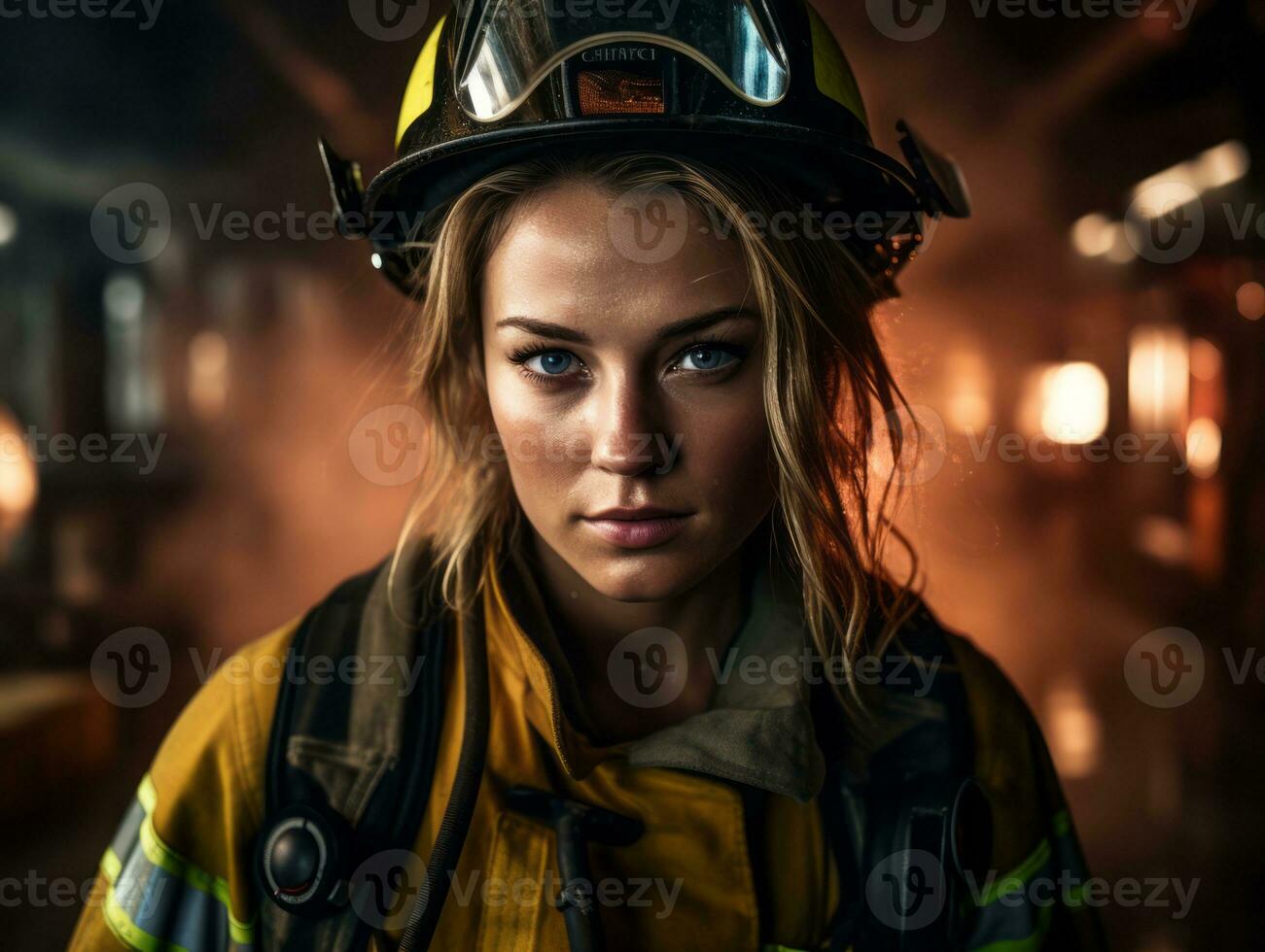 Female firefighter bravely battles the fire AI Generative photo
