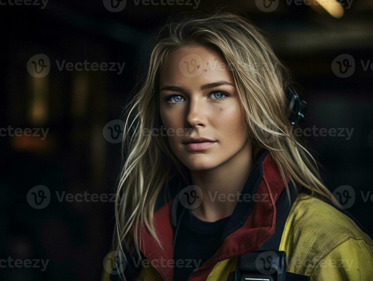 Female firefighter bravely battles the fire AI Generative photo