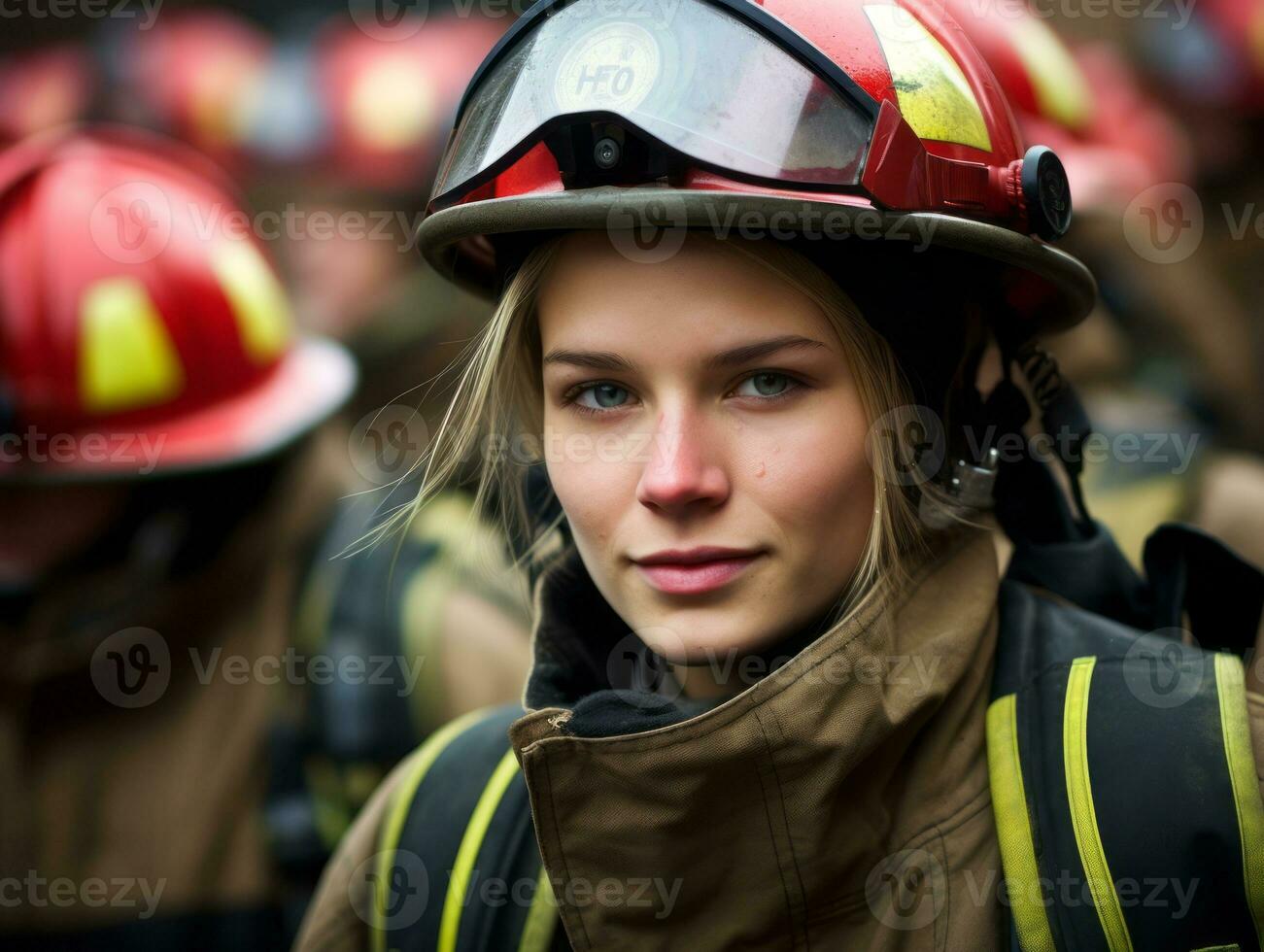 Female firefighter bravely battles the fire AI Generative photo