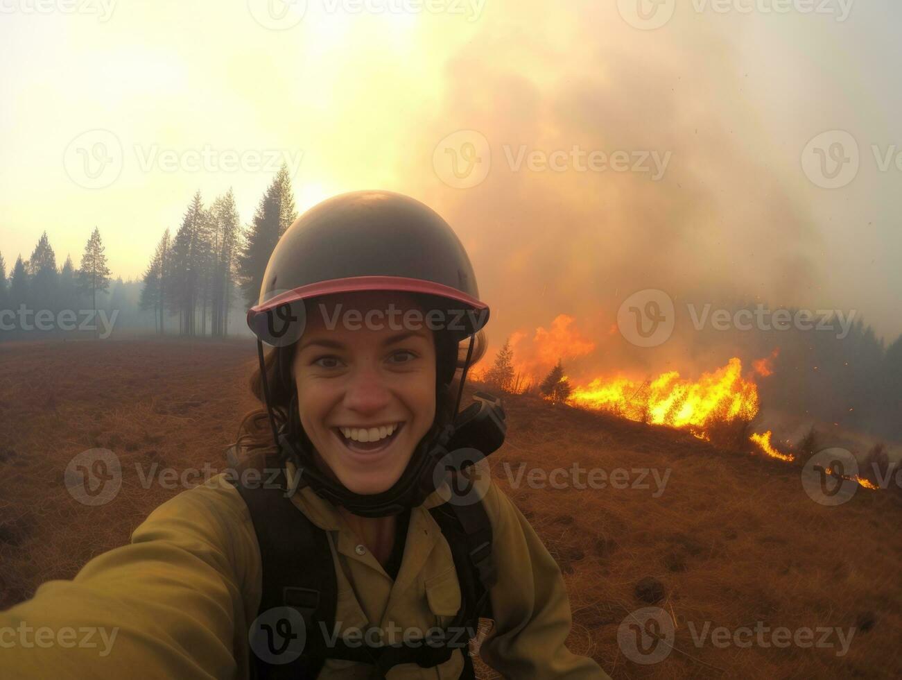 Female firefighter bravely battles the fire AI Generative photo