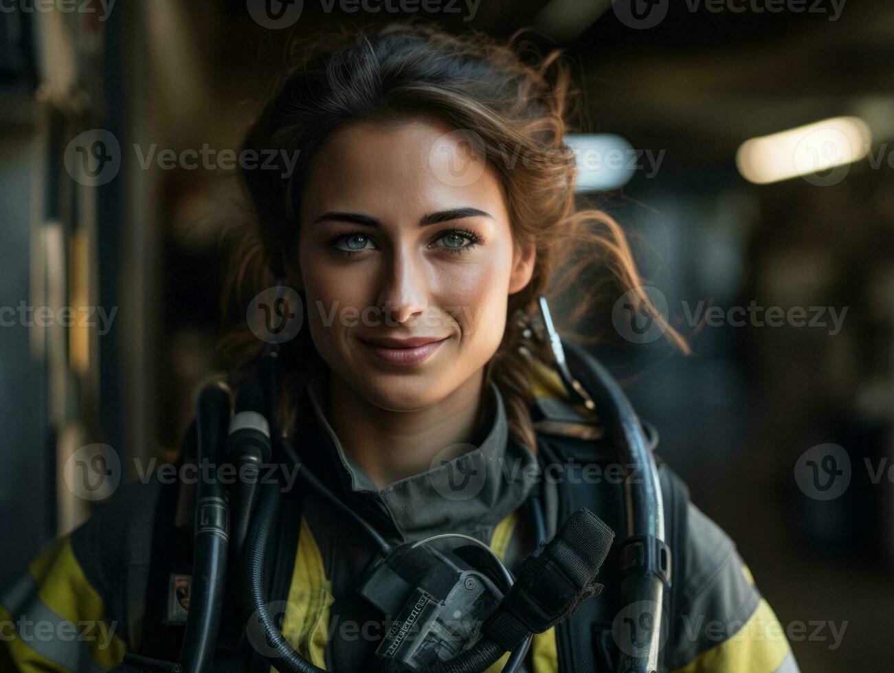 Female firefighter bravely battles the fire AI Generative photo