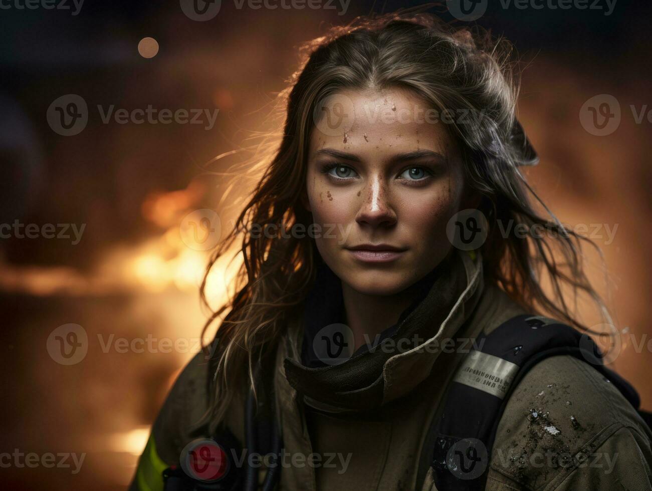 Female firefighter bravely battles the fire AI Generative photo