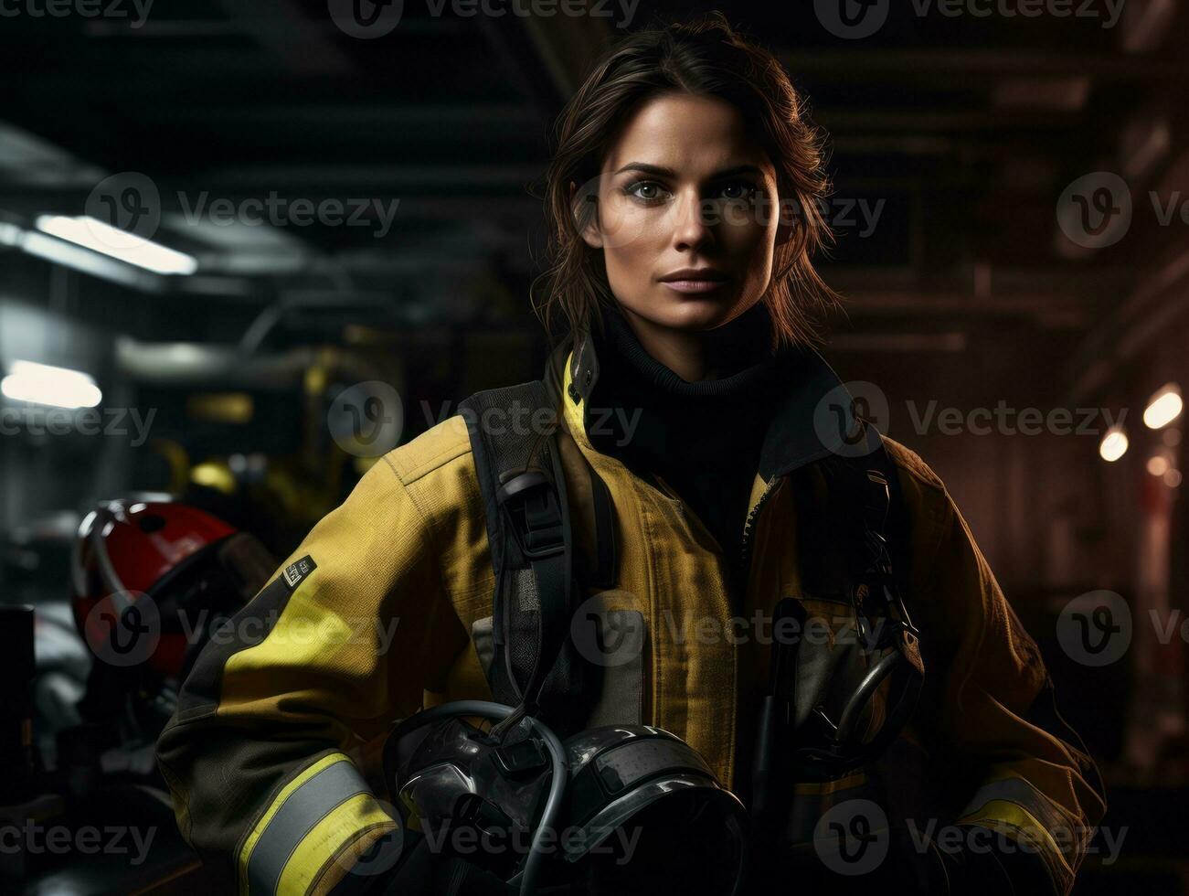 Female firefighter bravely battles the fire AI Generative photo