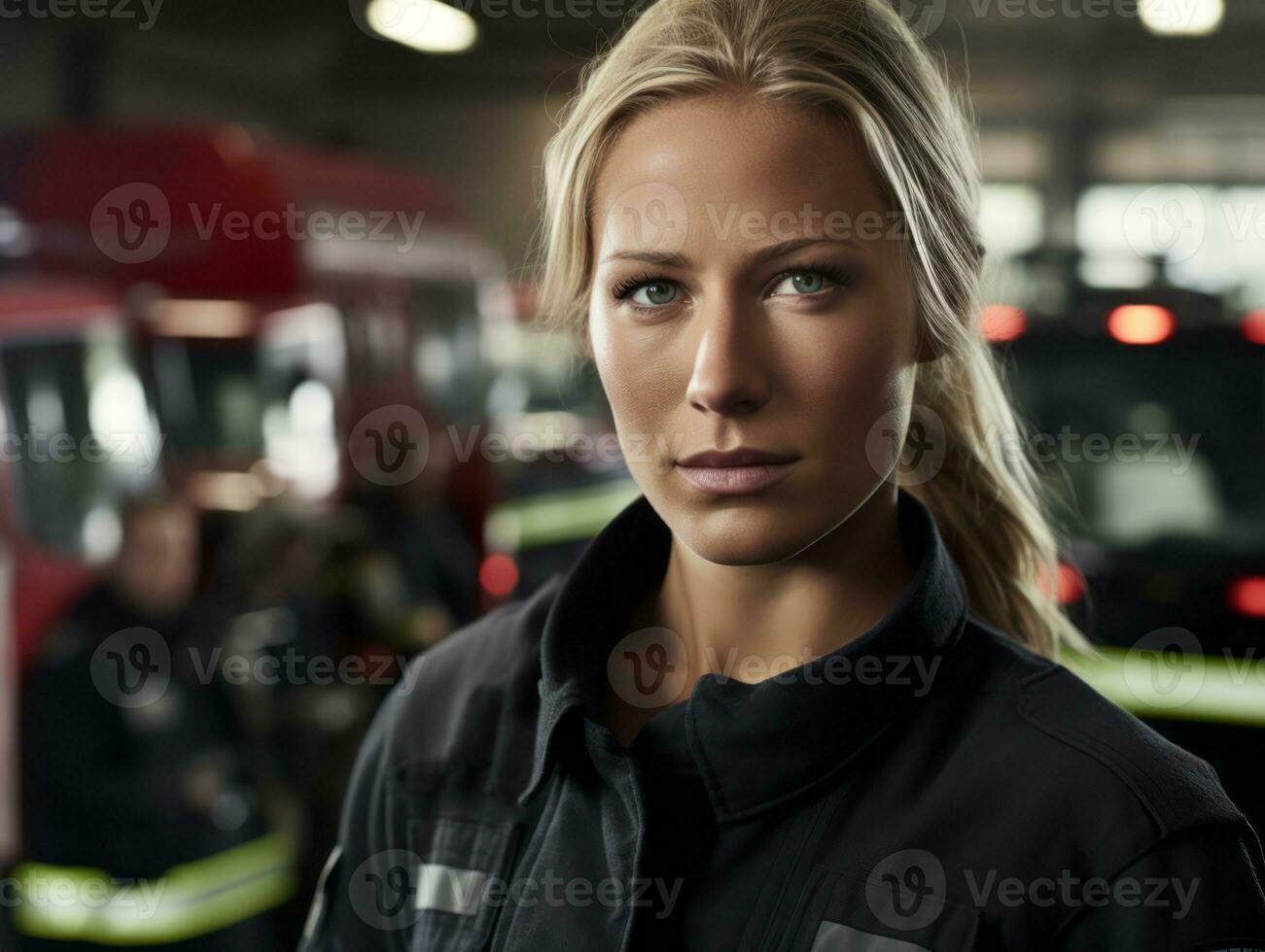 Female firefighter bravely battles the fire AI Generative photo