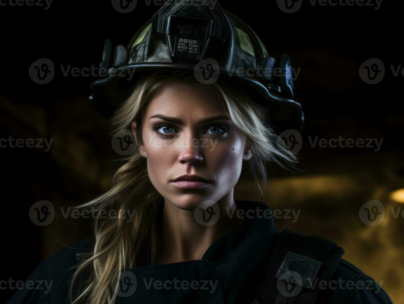 Female firefighter bravely battles the fire AI Generative photo