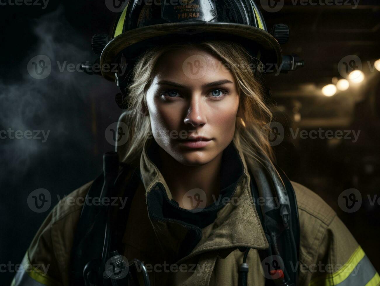 Female firefighter bravely battles the fire AI Generative photo